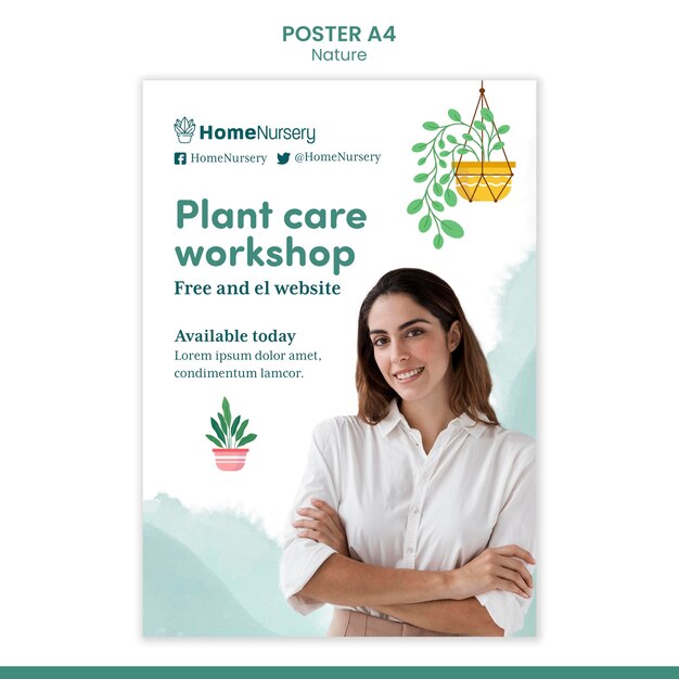Verticale postersjabloon voor kamerplantenverzorging met vrouw
