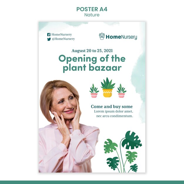 Verticale postersjabloon voor kamerplantenverzorging met vrouw