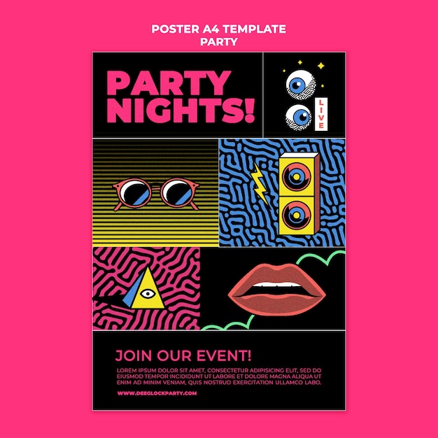 Verticale postersjabloon voor nachtfeest in retrostijl