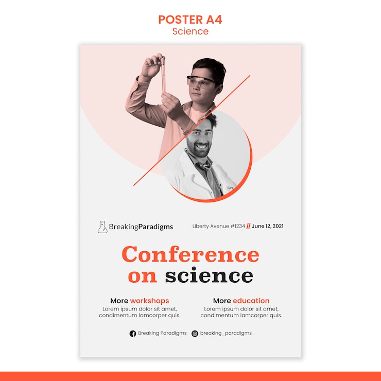 Gratis PSD verticale postersjabloon voor nieuwe wetenschappersconferentie