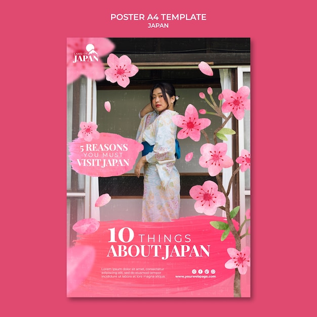 Verticale postersjabloon voor reizen naar japan met vrouw en kersenbloesem