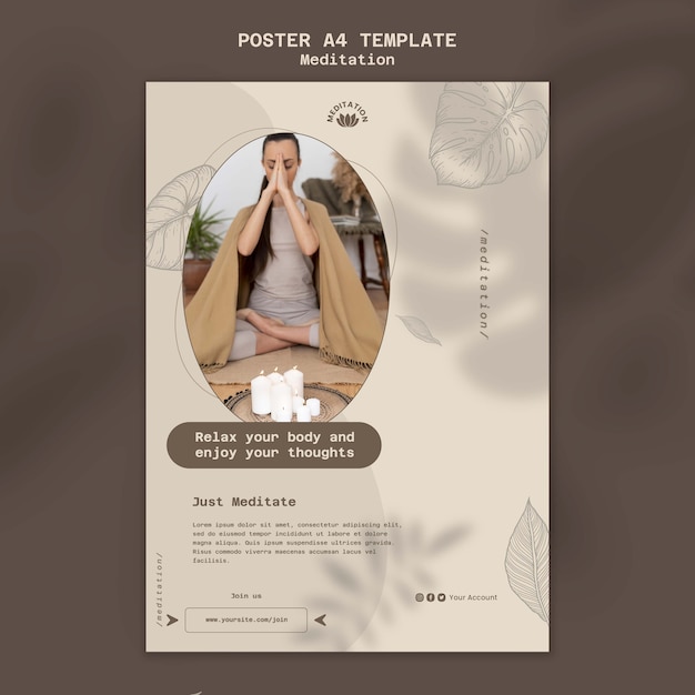 Gratis PSD verticale postersjabloon voor yogameditatie met bladerenontwerp