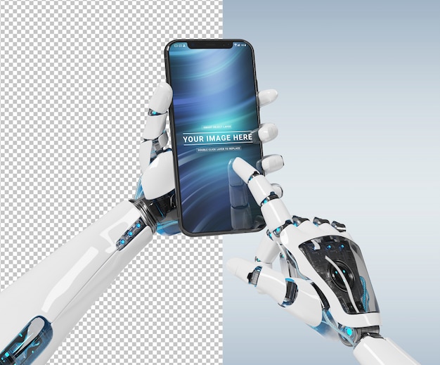 Verwijder witte robothand houdend modern smartphonemodel