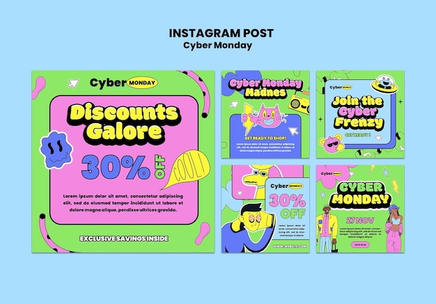 Gratis PSD verzameling instagram-berichten voor cybermaandag-uitverkoop