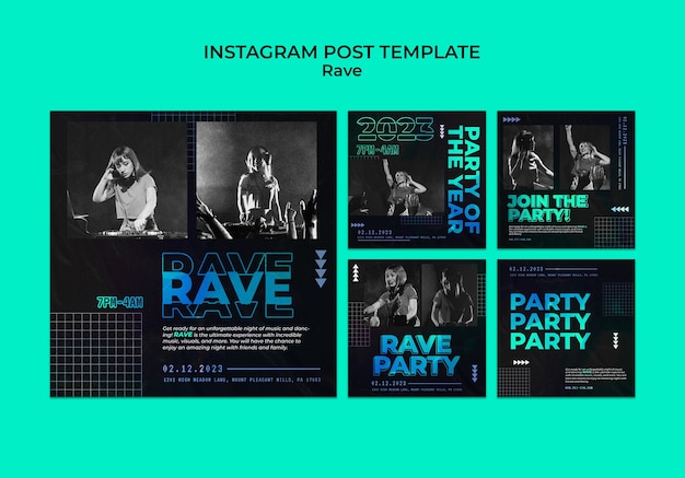 Gratis PSD verzameling instagram-berichten voor rave-feest