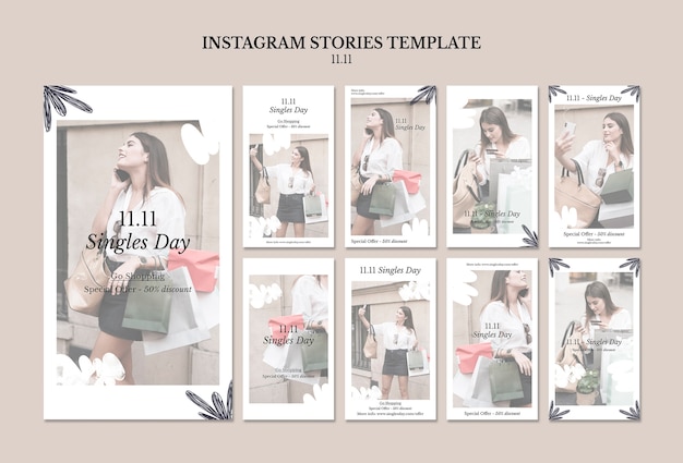 Gratis PSD verzameling instagram-verhalen voor 11.11 single's day-uitverkoop met bladeren