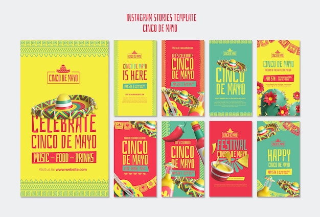 Gratis PSD verzameling instagram-verhalen voor de viering van cinco de mayo