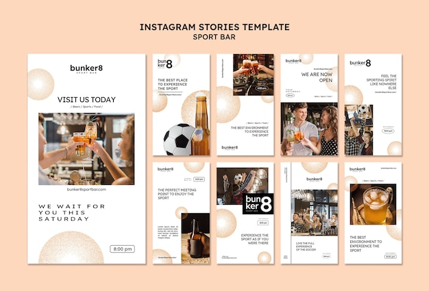 Gratis PSD verzameling instagram-verhalen voor sportbar met bier