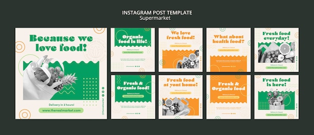 Gratis PSD verzameling van biologische vers voedsel instagram berichten