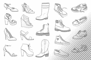 Gratis PSD verzameling van doodles van schoenen en laarzen