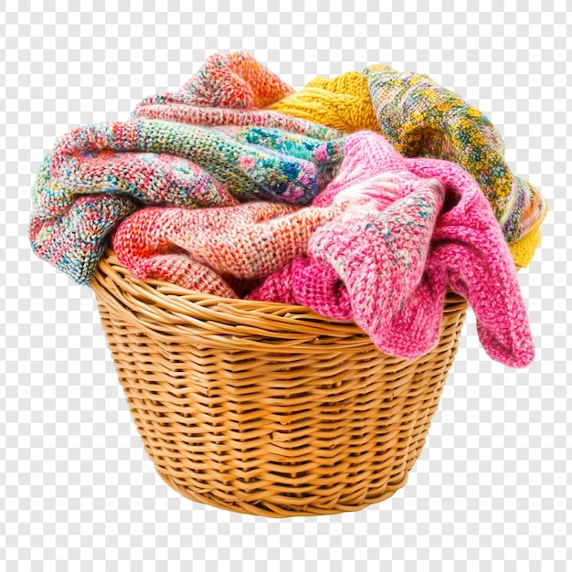 Vestidos de punto coloridos en una canasta de mimbre