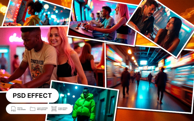 PSD gratuito vibrant arcade nightlife with friends and neon lights collage effect