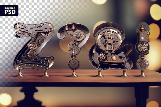 Gratis PSD vintage steampunk letters staan op tafel met onscherpe bokeh achtergrond