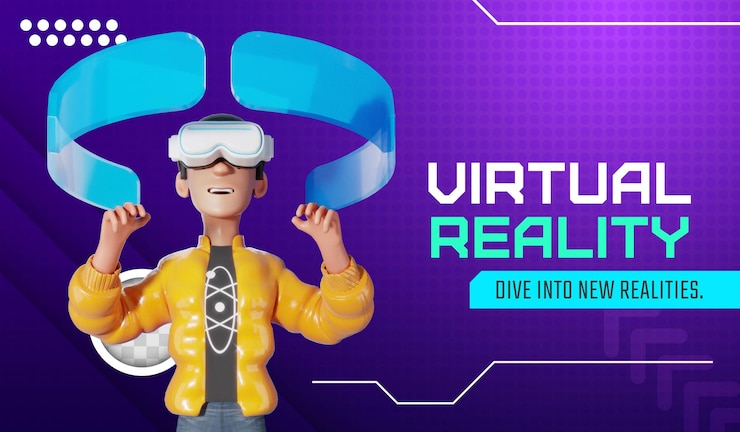 PSD Gratis virtual reality banner with character 3d illustration