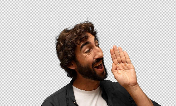 PSD gratuito vista del profilo che sembra felice ed eccitato urlando e chiamando per copiare lo spazio sul lato