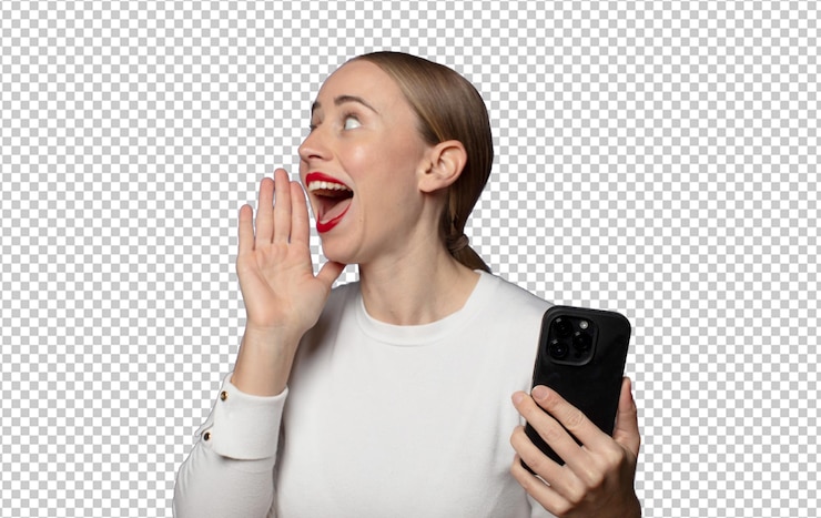 PSD gratuito vista del profilo che sembra felice ed eccitato urlando e chiamando per copiare lo spazio sul lato