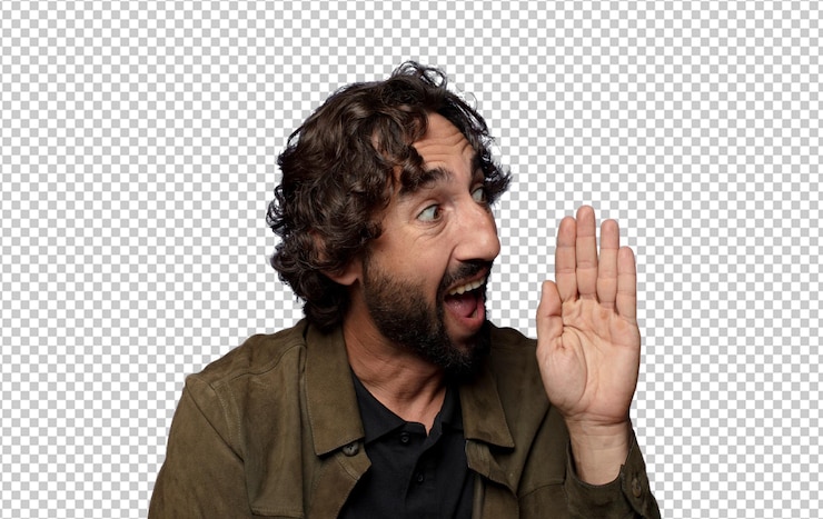 PSD gratuito vista del profilo che sembra felice ed eccitato urlando e chiamando per copiare lo spazio sul lato