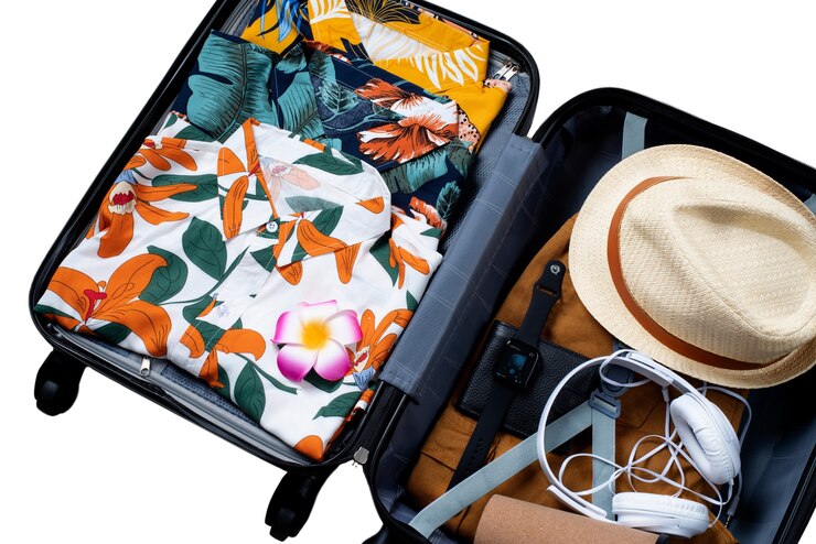 PSD gratuito vista della camicia hawaiana con bagagli