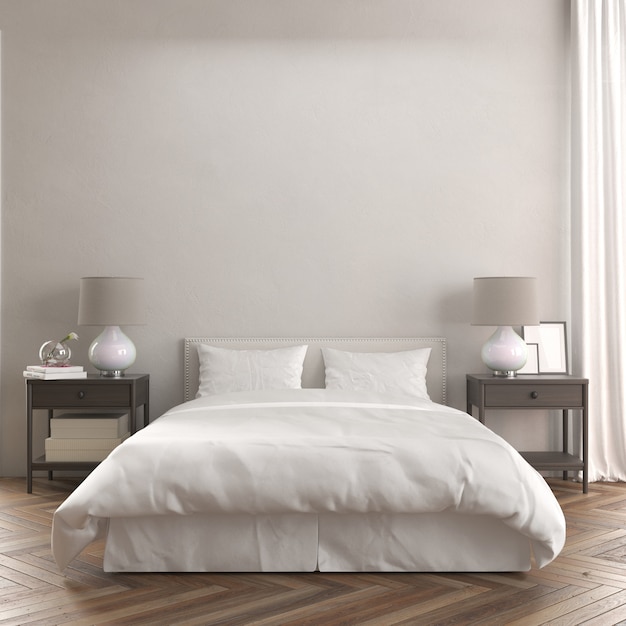 Vista frontal de la habitación con una cama y una moderna maqueta de mesas de noche de madera