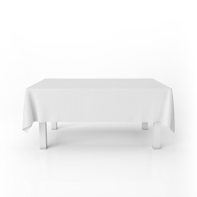 Vista frontal de la maqueta de la mesa de comedor con un paño blanco