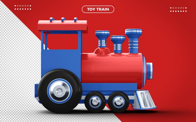 Vista lateral del tren de juguete azul y rojo para la composición