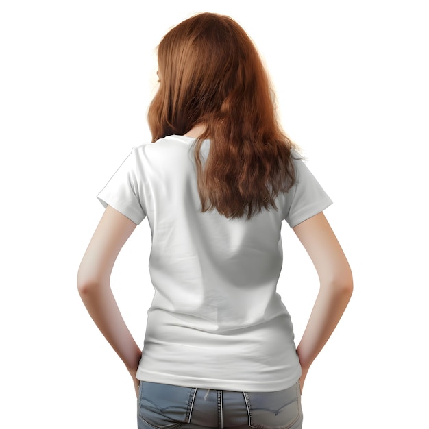 PSD gratuito vista posterior de la mujer en camiseta blanca en blanco aislada en blanco