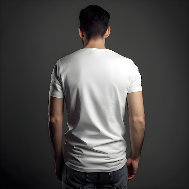 Vista trasera de un hombre con una camiseta blanca en blanco sobre un fondo gris