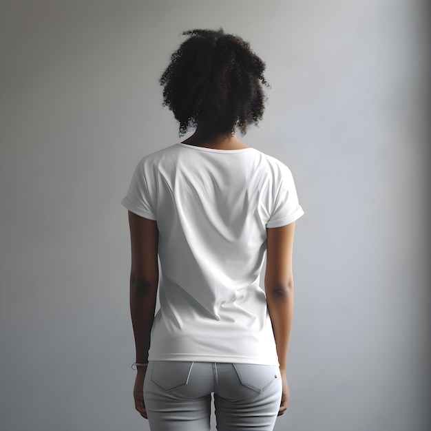 PSD gratuito vista trasera de una joven afroamericana con una camiseta blanca en blanco