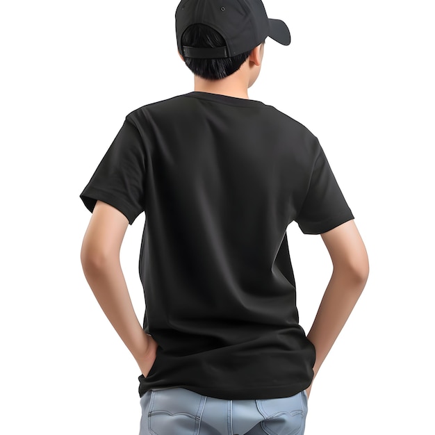 PSD gratuito vista trasera de un joven en camiseta negra aislado sobre un fondo blanco