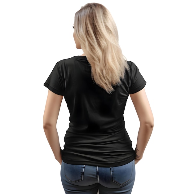 Vista trasera de una mujer con una camiseta negra en blanco aislada sobre un fondo blanco