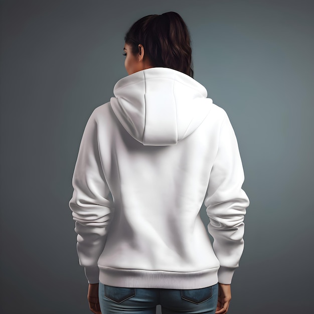 PSD gratuito vista trasera de una mujer joven con una sudadera blanca sobre un fondo gris