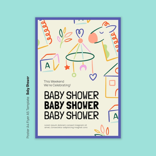 Gratis PSD vlak ontwerp baby shower poster sjabloon.