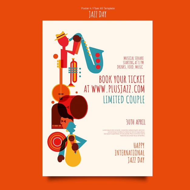 Gratis PSD vlakke jazz dag poster flyer sjabloon