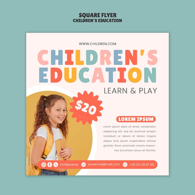 Gratis PSD vlakke ontwerp kinderen's onderwijs vierkante flyer