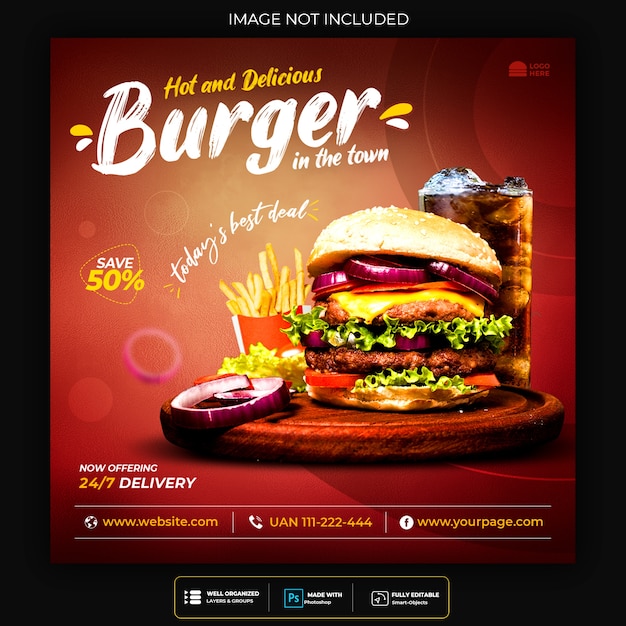 Voedsel sociale media postsjabloon voor fastfood-hamburger van het restaurant