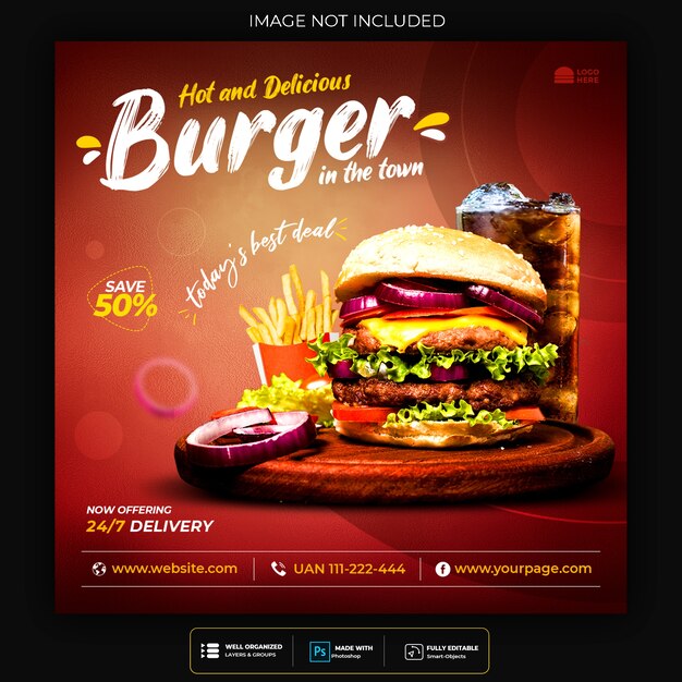 Voedsel sociale media postsjabloon voor fastfood-hamburger van het restaurant