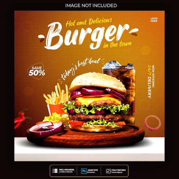 Voedsel sociale media postsjabloon voor fastfood-hamburger van het restaurant Gratis Psd