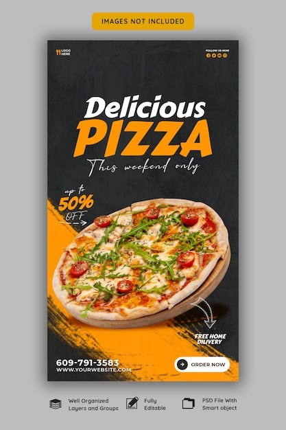 Voedselmenu en heerlijke pizza Instagram- en Facebook-verhaalsjabloon