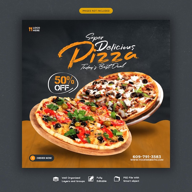 Voedselmenu en heerlijke pizza sociale media-sjabloon voor spandoek