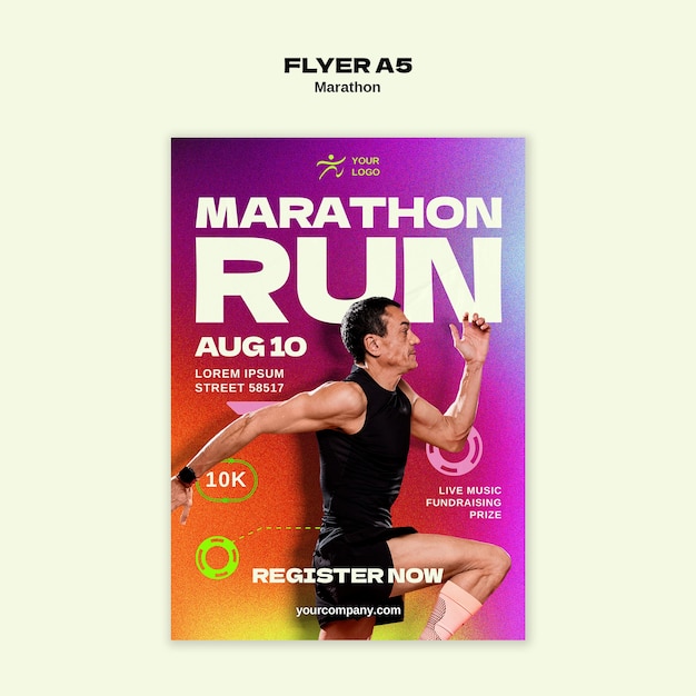 Volante de carrera de maratón para una carrera de 10 km con música en vivo y recaudación de fondos