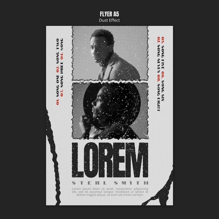 PSD gratuito volantino dell'album musicale con effetto polvere e foto