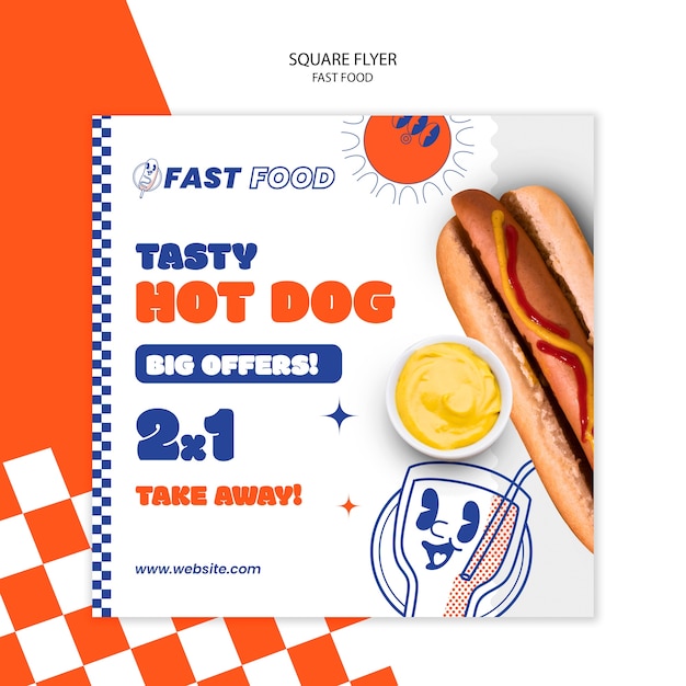 Volantino quadrato fast food disegnato a mano