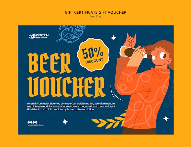 Gratis PSD voorbeeld van een geschenkcertificaat voor het vieren van de dag van het bier