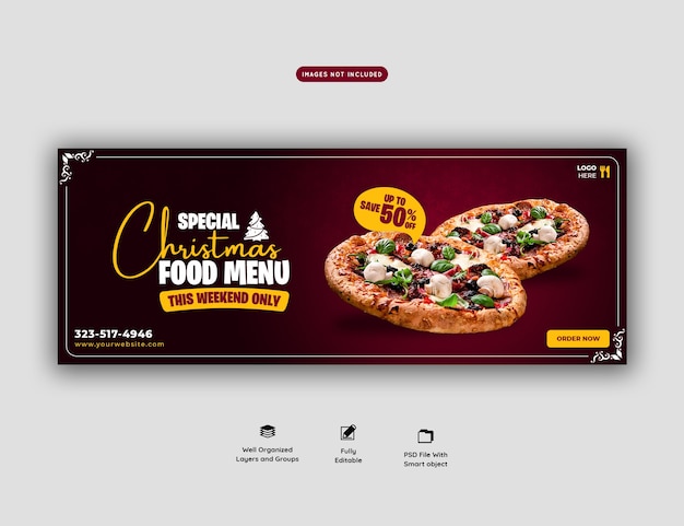 Gratis PSD vrolijk kerstvoedselmenu en heerlijke pizza voorbladsjabloon voor spandoek