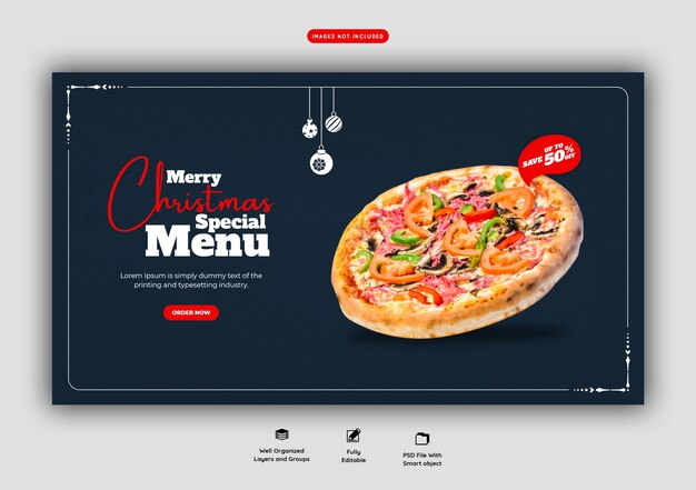 Vrolijk kerstvoedselmenu en heerlijke pizza-websjabloon voor spandoek