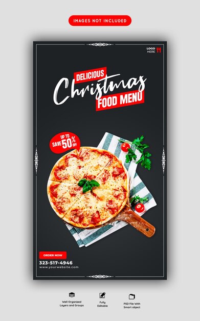 Vrolijk kerstvoedselmenu en heerlijke verhaalsjabloon voor pizza's op sociale media