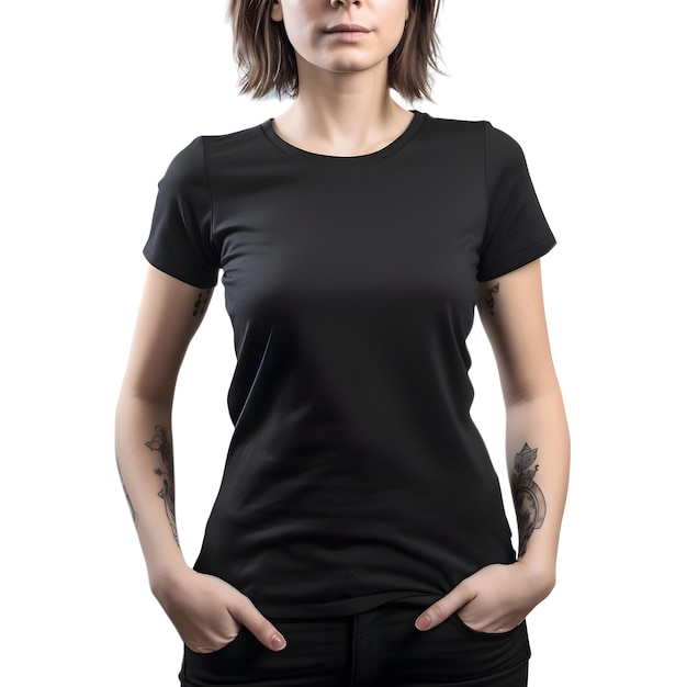 Vrouw in wit zwart t-shirt geïsoleerd op witte achtergrond mock up