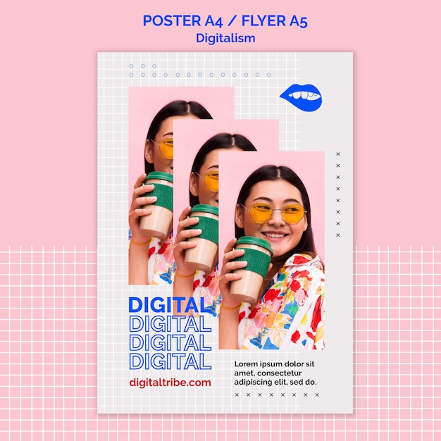 Gratis PSD vrouw met afhaalmaaltijden koffie digitalisme poster sjabloon