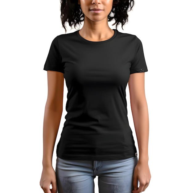 Vrouw met een blanco zwart t-shirt met een knippad op een witte achtergrond