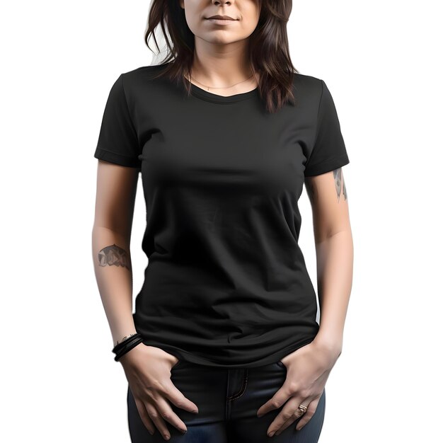 Vrouw met een leeg zwart t-shirt geïsoleerd op witte achtergrond met clipping pad